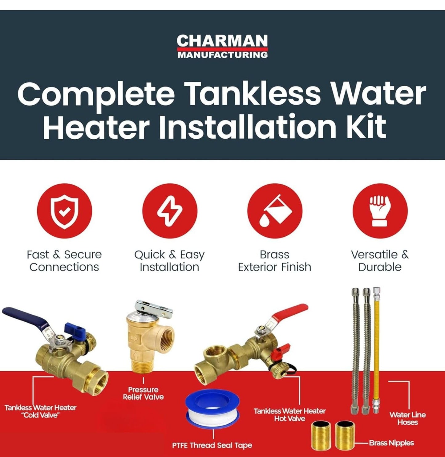 CMI Inc - 3/4 Inch IPS Female Threaded Complete Tankless Water Heater Valve Kit with Pressure Relief Valve Water and Gas Connectors - Compatible with Most Tankless Water Heater Brands