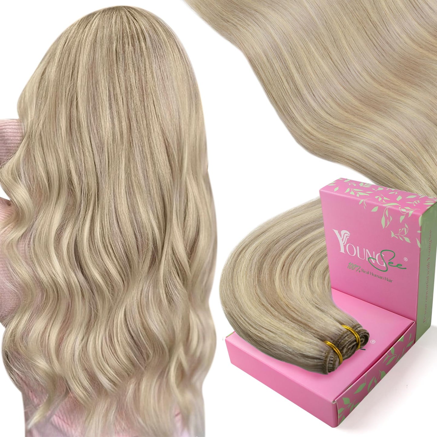 YoungSee Weft Human Hair Extensions, Blonde Highlight Weft Extensions Human Hair, Warm Ash Blonde Highlights Bleach Blonde Sew i