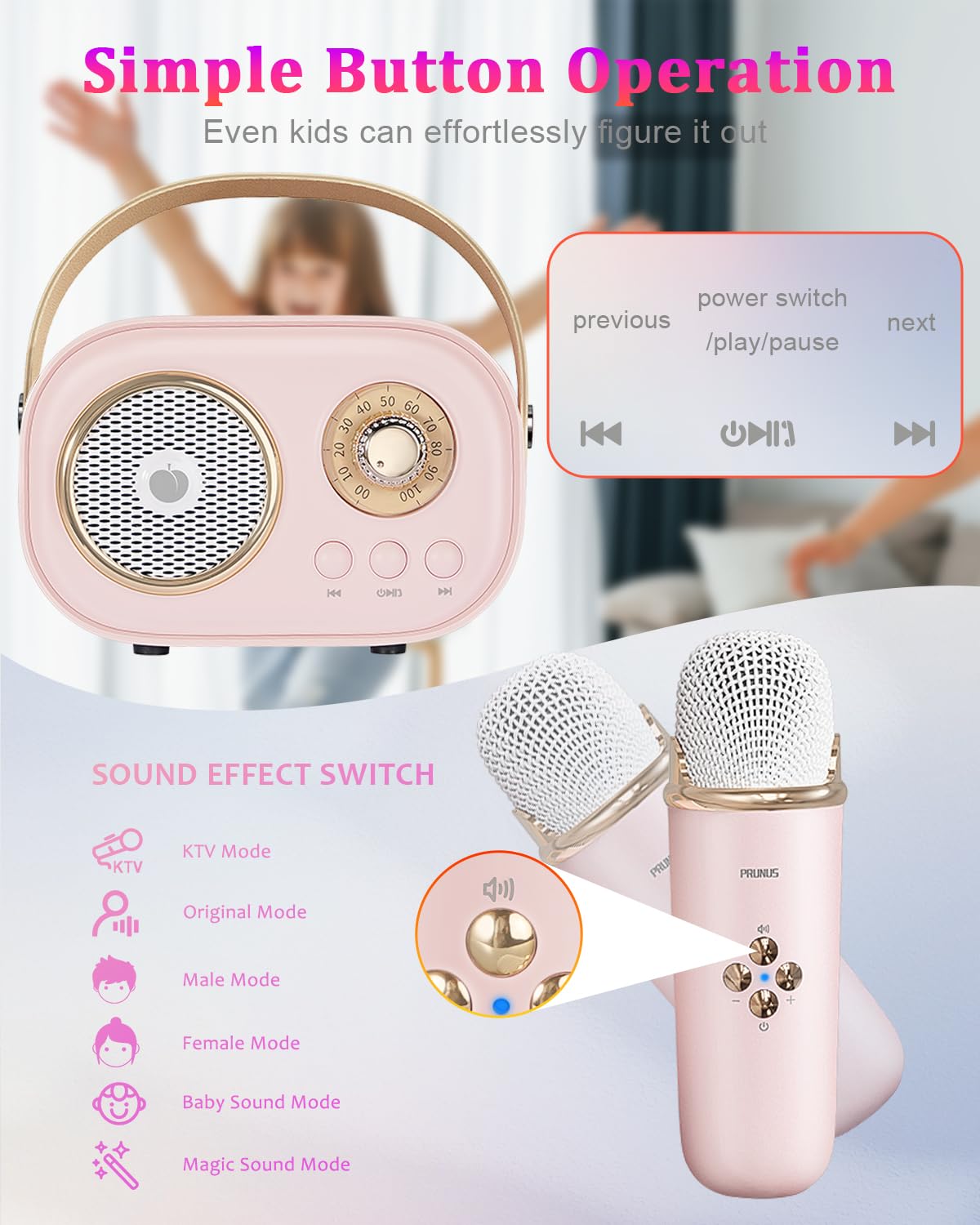 PRUNUS C20 Mini Karaoke Machine Portable Bluetooth Speaker with Wireless Microphone 6 Sound Modes for Adults&Kids Birthday Home Farmily Friends Party Gifts for Girls Boys Friends-Pink