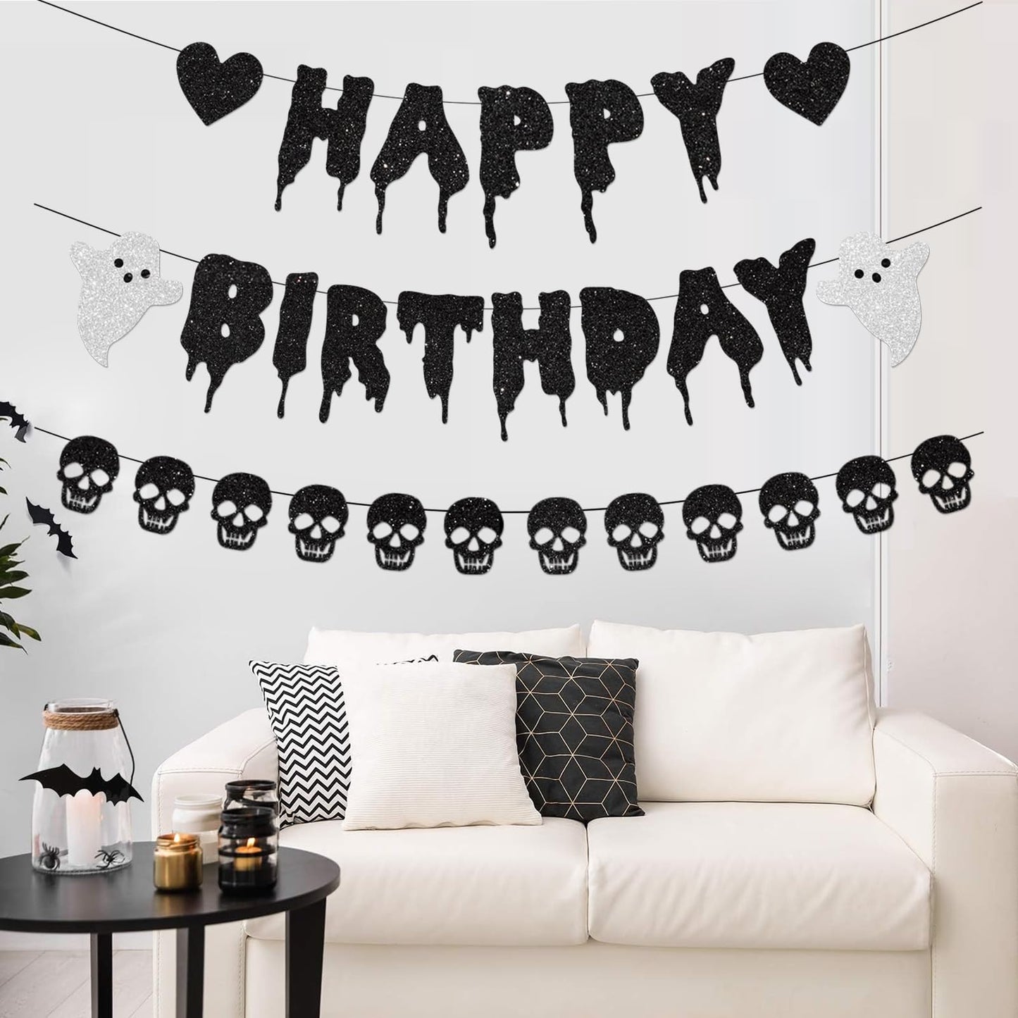 FHGG Black Glitter Halloween Birthday Banner Black Heart Skull Garland Happy Birthday Decorations for Halloween Party Decorations Theme Baby Shower Supplies