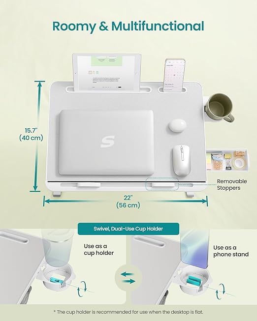 SONGMICS Bed Laptop Desk, Foldable Bed Desk for Laptop, 15.7 x 22 Inches Large Desktop, 120° Stepless Tilt, Adjustable Height, Cup Holder, Tray, Portable Bed Sofa Table, Gray ULLD113GZ01