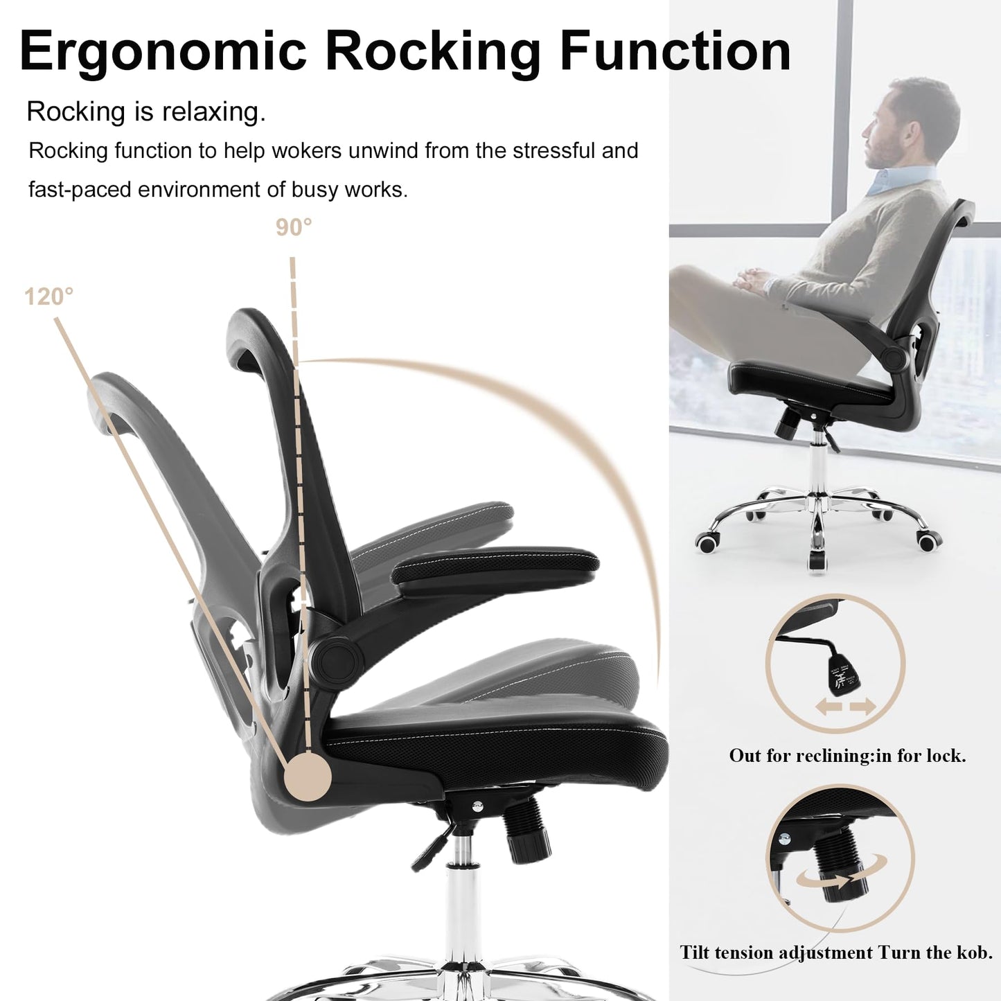 Office Chair, Mesh Ergonomic Desk Computer Chair with PU Leather Flip-up Armrest, Home Task Chair with Lumbar Support, Adjustable Executive Mid Back, Rolling Swivel,Black