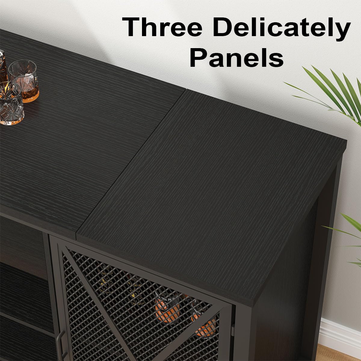 LVB Long Coffee Bar Cabinet with Fridge Space, Modern Wood Metal Large Wine Liquor Cabinet with Rack, Big Wide Sideboard Buffet Cabinet with Drawer Storage for Kitchen Dining Room, Black Oak, 70 Inch
