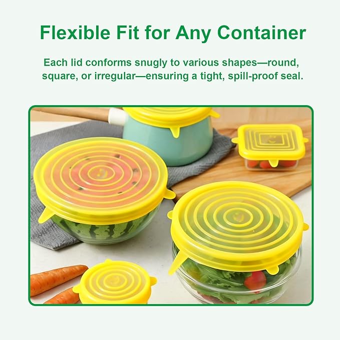 Silicone Stretch Lids – 6 Pack Reusable Food Covers,Flexible Silicone for Bowls, Containers, Fruits – Airtight & Leakproof Seal for Kitchen Storage(yellow)