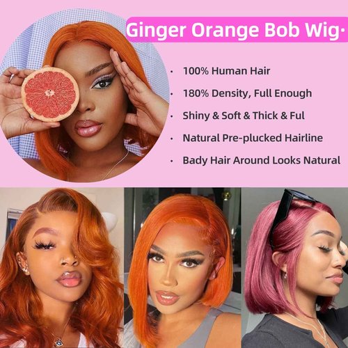 VYCRAVE 350# Bob Lace Front Wigs Human Hair 180 Density Ginger Orange 13x4 HD Straight Bob Wig Human Hair Pre Plucked Glueless Lace Frontal Wigs for Black Women 14 inch