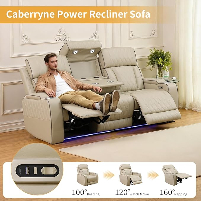 Caberryne Power Recliner Sofa Set with LED Lights,Leather Reclining Couch and Loveseat Set with USB Port/Coffee Table/Cup Holder,Living Room Set with 4 Recliner Seats for House(2 Piece Set,Paddy)