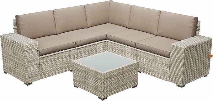 Broivira 6 Piece Patio Furniture Set, 9.8" Wide Arm Sectional Sofa with Storage Armrests, All-Weather Rattan Outdoor Conversation Set for Garden, Porch, Lawn, Backyard, Balcony, Khaki