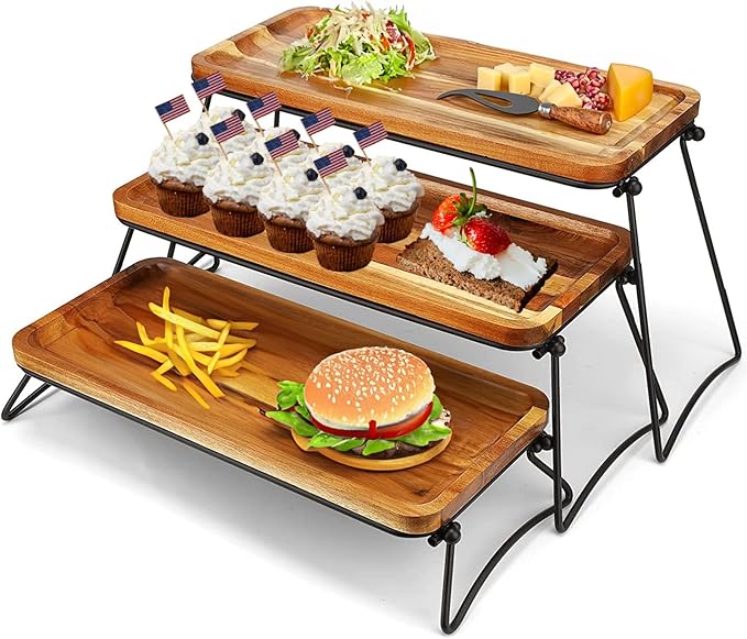 Eco-Friendly Cupcake Stand - Cheese Charcuterie Boards - Food Platter Serving Tray - Acacia Wooden Tower Dessert Table Dis...
