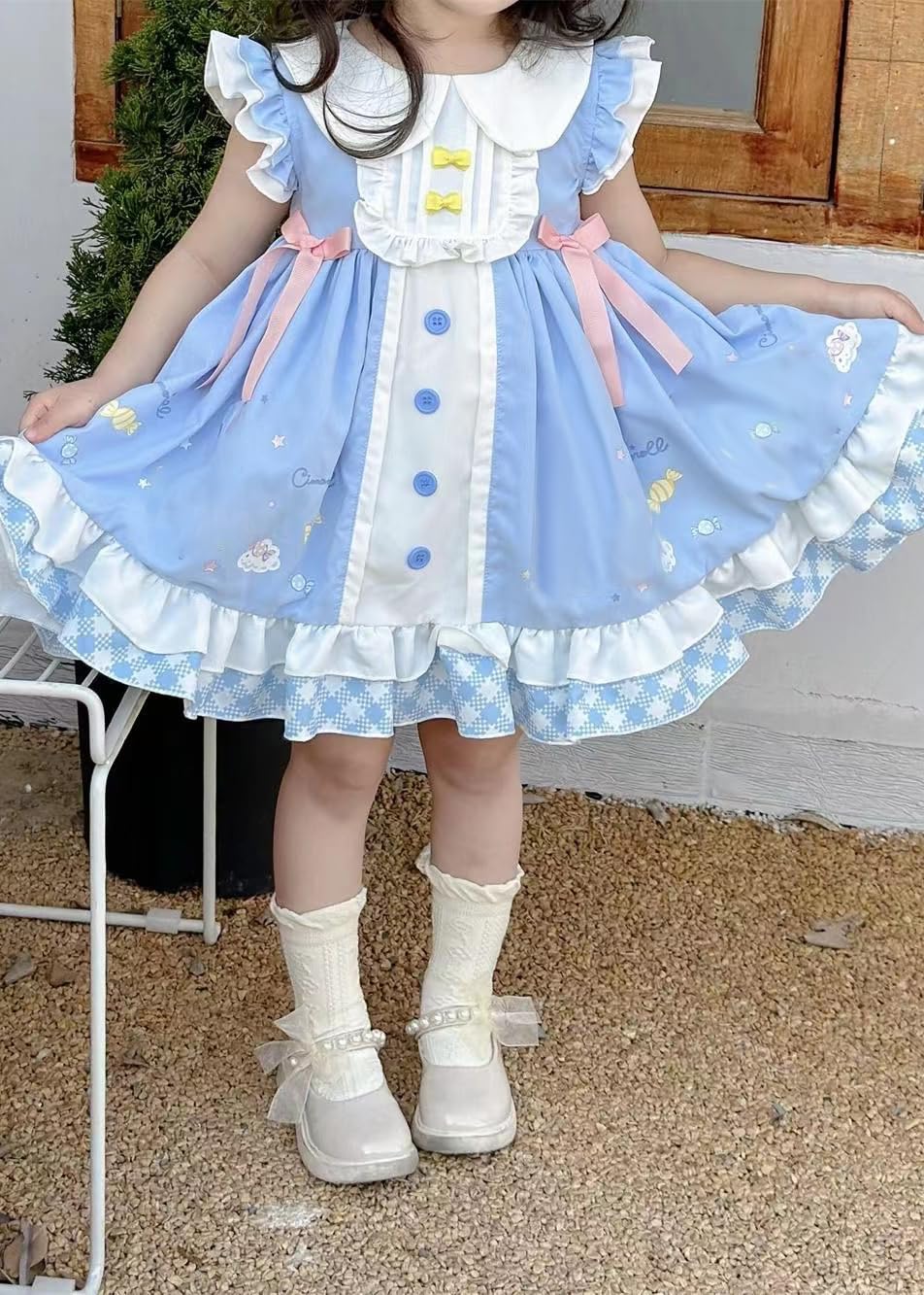 GSHLGAO Girls Cute Anime Cartoon Print Cosplay Sky Blue Sweet Dress Ruffles Sleeve Casual Dress Headband