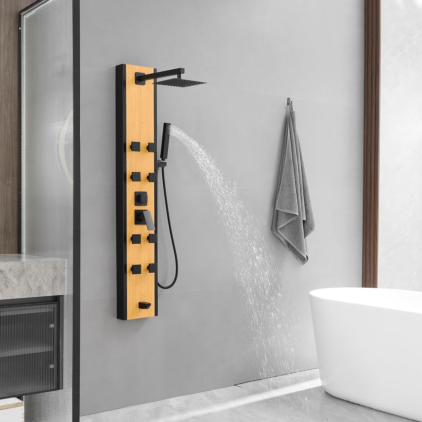 BWE Stainless Steel Shower Panel Tower System 8 Jets Multi-Function Shower Panel System Black and Bamboo Panel with Handheld Wand Wall Mount Shower Column