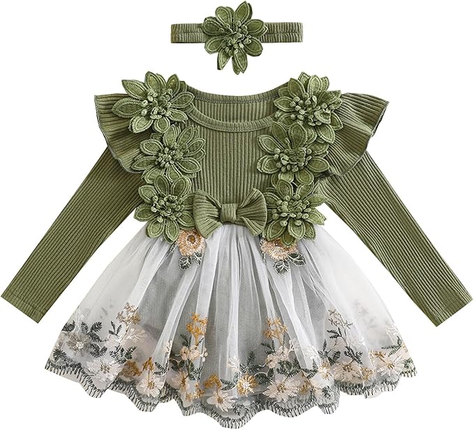 Douhoow Baby Girl Romper Dress Embroidery Lace Flowers Baby Dress Romper Fall Winter Festival Clothes with Headband