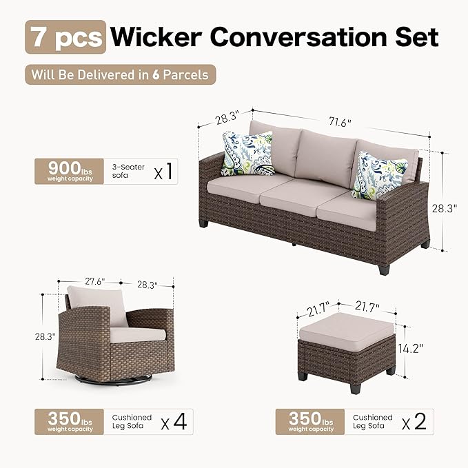 SUNSHINE VALLEY Swivel Glider Patio Furniture Set Outdoor Furniture Brown Wicker Rattan Patio Conversation Sets with Cushion Outside Sofa Set,7 Pieces,9 Seats,Beige