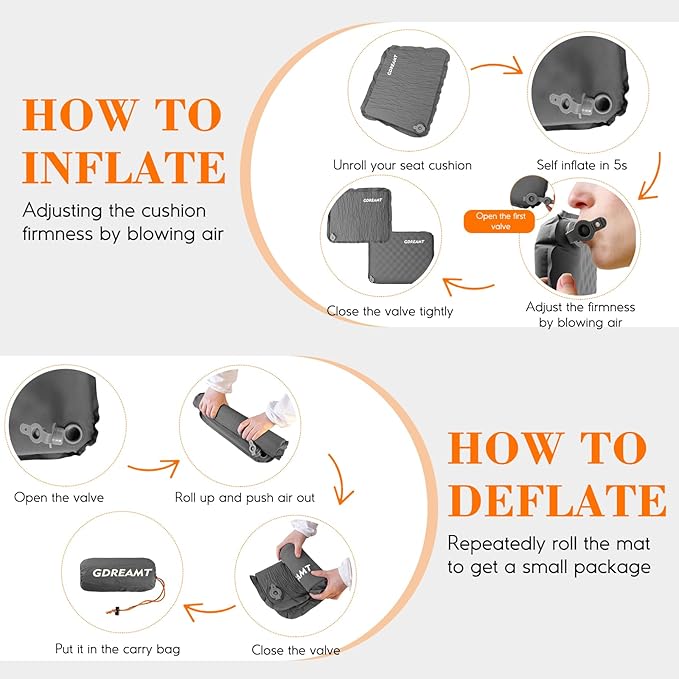 GDREAMT Inflatable Seat Cushion, Self-Inflating Memory Foam Stadium Seats Cushion Lightweight & Compact Chair Sitting Pad Airplane Cushion for Long Flight Travel Outdoor Camping Car Bleachers Office