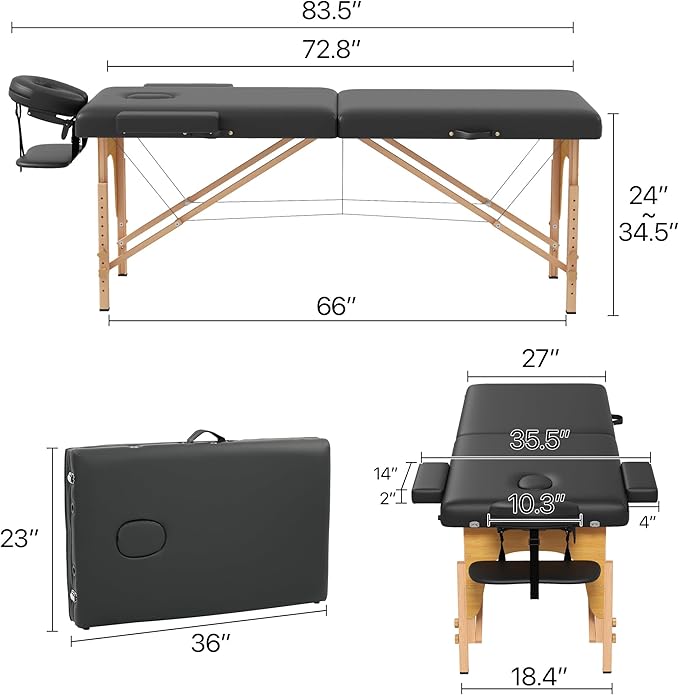 Massage Table Massage Bed, 27'' Wide Portable 2 Section Foldable Tattoo Bed, Height Adjustable Lash Spa Bed with Face Cradle, Home Light Weight Facial Salon Bed with Wood Frame, Black