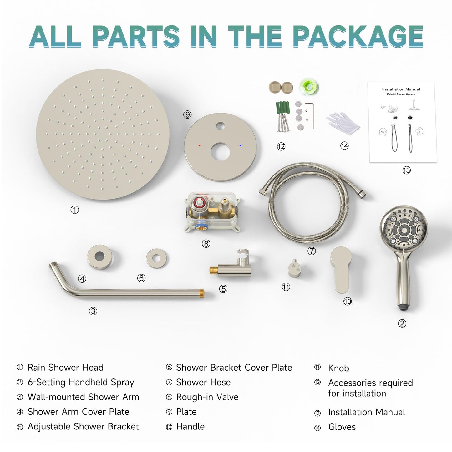 SR SUN RISE Shower Faucet - 12 Inch Multifunctional High Pressure Shower Head System with Handheld Shower Head Fixtures - Valve Included - Brushed Nickel