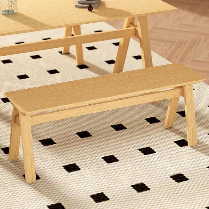 DUOMAY Solid Wood Long Dining Bench, 47" Wide Farmhouse Bench with A-Shaped Legs Mid Century Modern Entryway Bench Shoe Bench for Hallway End of Bed, Original Wood Color
