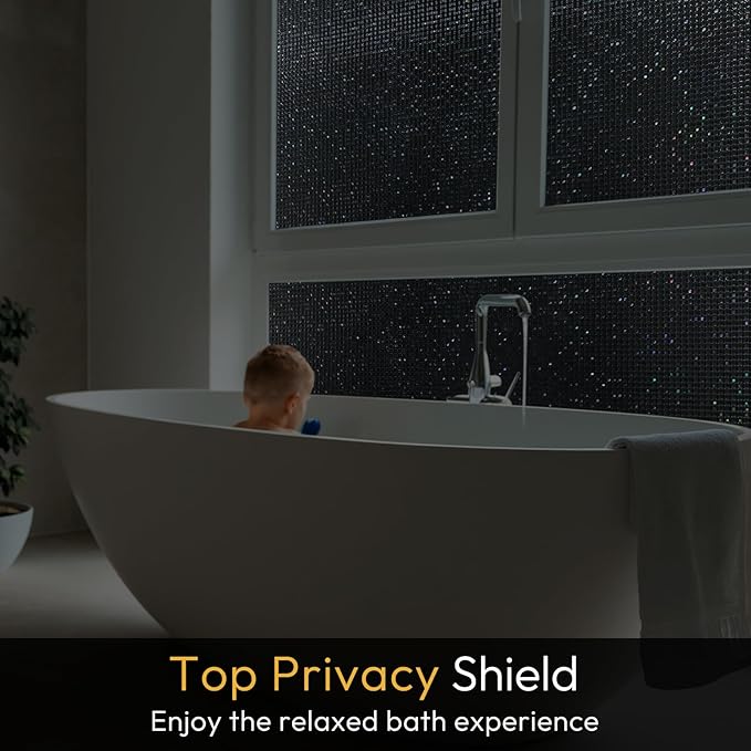 rabbitgoo Window Privacy Film Blackout Mosaic Static Cling Decorative, Removable Rainbow Window Film, Non-Adhesive Heat Control UV Blocking for Bathroom, 35.4 x 157.4 inches Black
