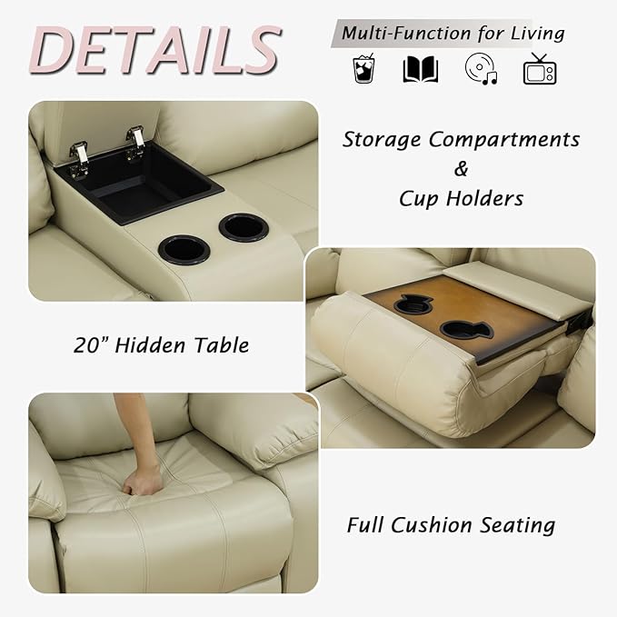 Caberryne 2 Pieces Leather Recliner Sofa Set，Recliner Sofa and Loveseat Sets for Living Room Furniture，Beige Reclining Couch with 4 Recliners for Living Room/Office/Theater Seating(Sofa Set 2 Pieces)