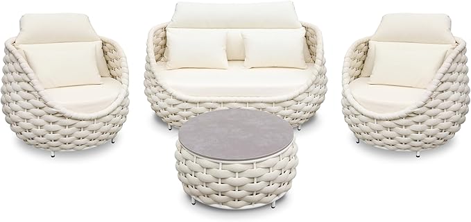 Erotr Metal Backyard Furniture Set: Aluminum Assembled Front Porch 4 Pieces Outdoor Set - Woven Rope Patio Conversation Set Modern - Cushioned Deck Couch Set Garden Sunroom Pool Hotel Resort, Beige