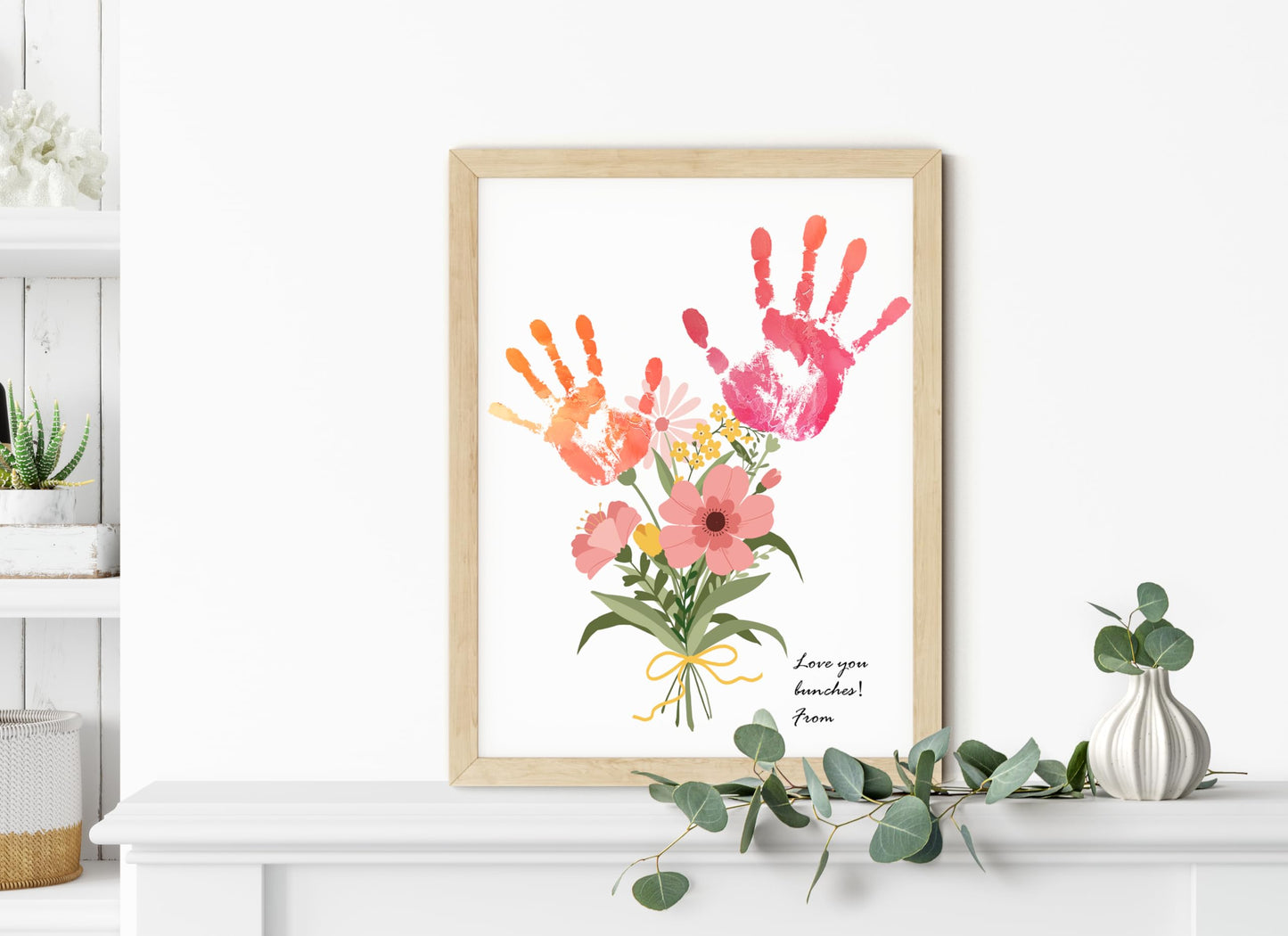 TwoDays Flower Bouquet Handprint Art Craft DIY Kit, Unique Gifts for Mom from Daughter or Son for Mother's Day Birthday Christmas, Gift for Grandma.(12" X 16", with Wood Frame)