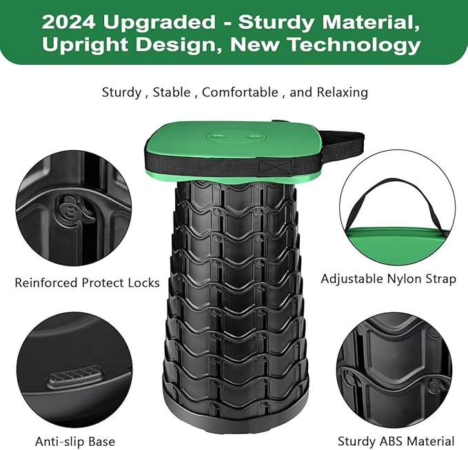 Outward Gear Collapsible Folding Stool Upgrade Heavy Duty 550lbs Load Capacity Foldable Portable Camping Stools Sturdy Retractable Telescoping Stool (Green)