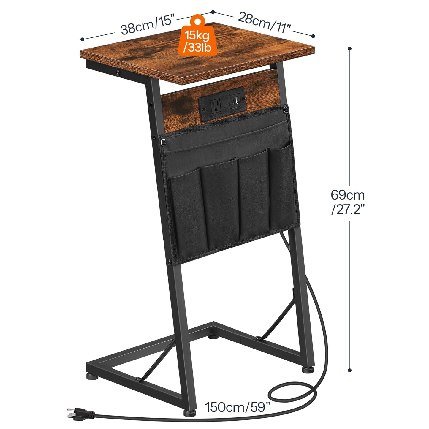 HOOBRO C-Shaped End Table with Charging Station, Slide Under Couch Table with Storage, Small Sofa Arm Table Tray Side Table with Stable Metal Frame, for Living Room, Bedroom, Rustic Brown BF72USF01