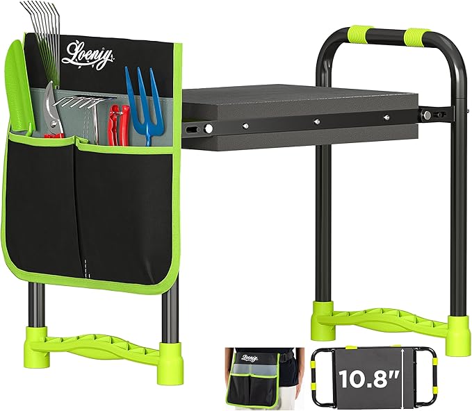 LOENIY 10.8” Wide Garden Kneeler and Seat, Heavy Duty Foldable Gardening Stool with Tool Belt Pouch, Portable Gardening Bench Chair for Seniors & Parents, Non-Slip & Easy Grip Design