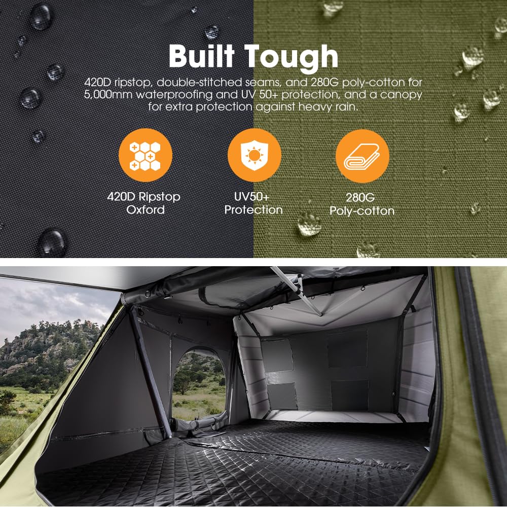 Sanhima Rooftop Tent Hard Shell - Jervis Overland Aluminium ABS Roof Top Tent w/Stargaze Window & LED Strip Light for Car SUV Truck Camping, 2-3 People (Army Green)
