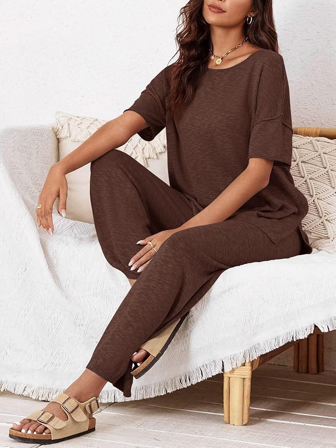 Tankaneo Women's 2 Piece Travel Outfits Casual Short Sleeve Knit Sweater Set Wide Leg Pants Lounge Sets Tracksuit