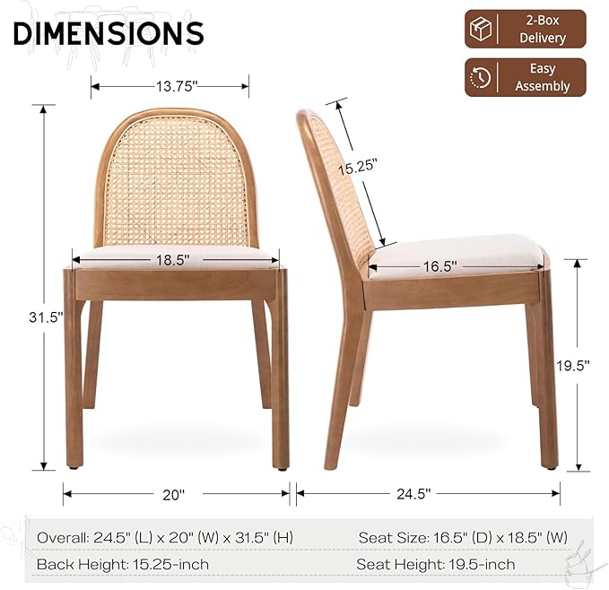 HEAH-YO Rattan Dining Chairs Set of 4, Upholstered Linen Dining Room Chairs with Backrests, Modern Kitchen Chairs with Wood Legs for Dining Room, Beige