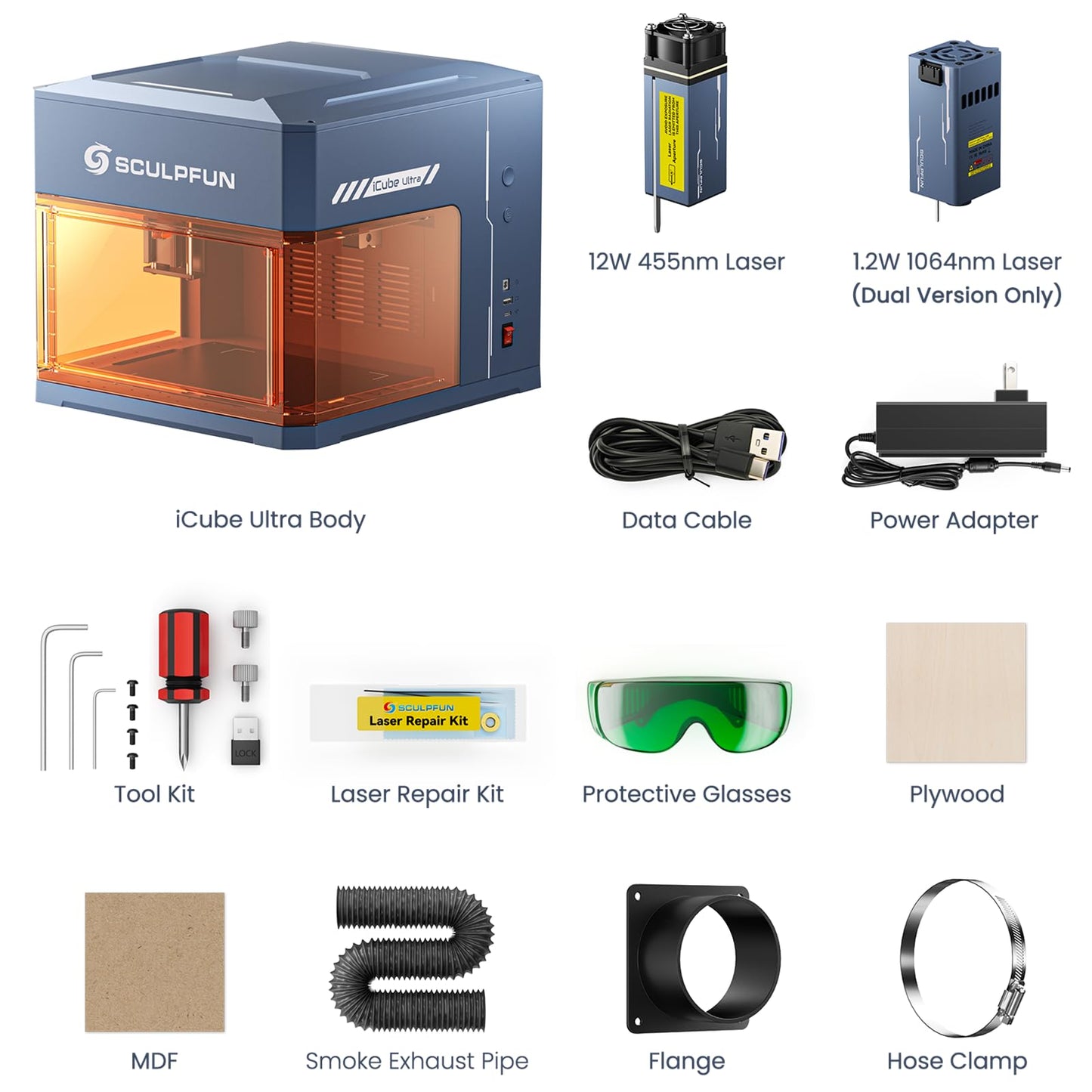 SCULPFUN iCube Ultra Dual Laser Engraver, 12W Diode + 1.2W Infrared, Auto Focus Function, with Smoke Filter, Desktop Engraving Machine for Jewelry, Metal, Wood & Leather, 5.9 * 5.3" Working Area