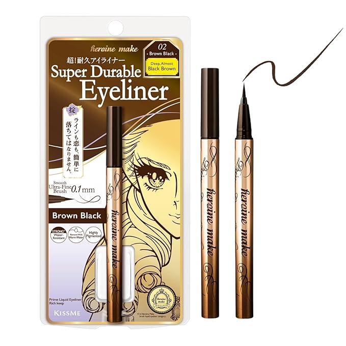 Heroine Make by KISSME Waterproof Eyeliner for Intense Color & Ultra-Fine 0.1mm Tip, Liquid Eyeliner Pen with Organic Beauty Serum, Cat Eye Liner for Long Lasting Eyelines, Brown Black, 1 EA, PRIME