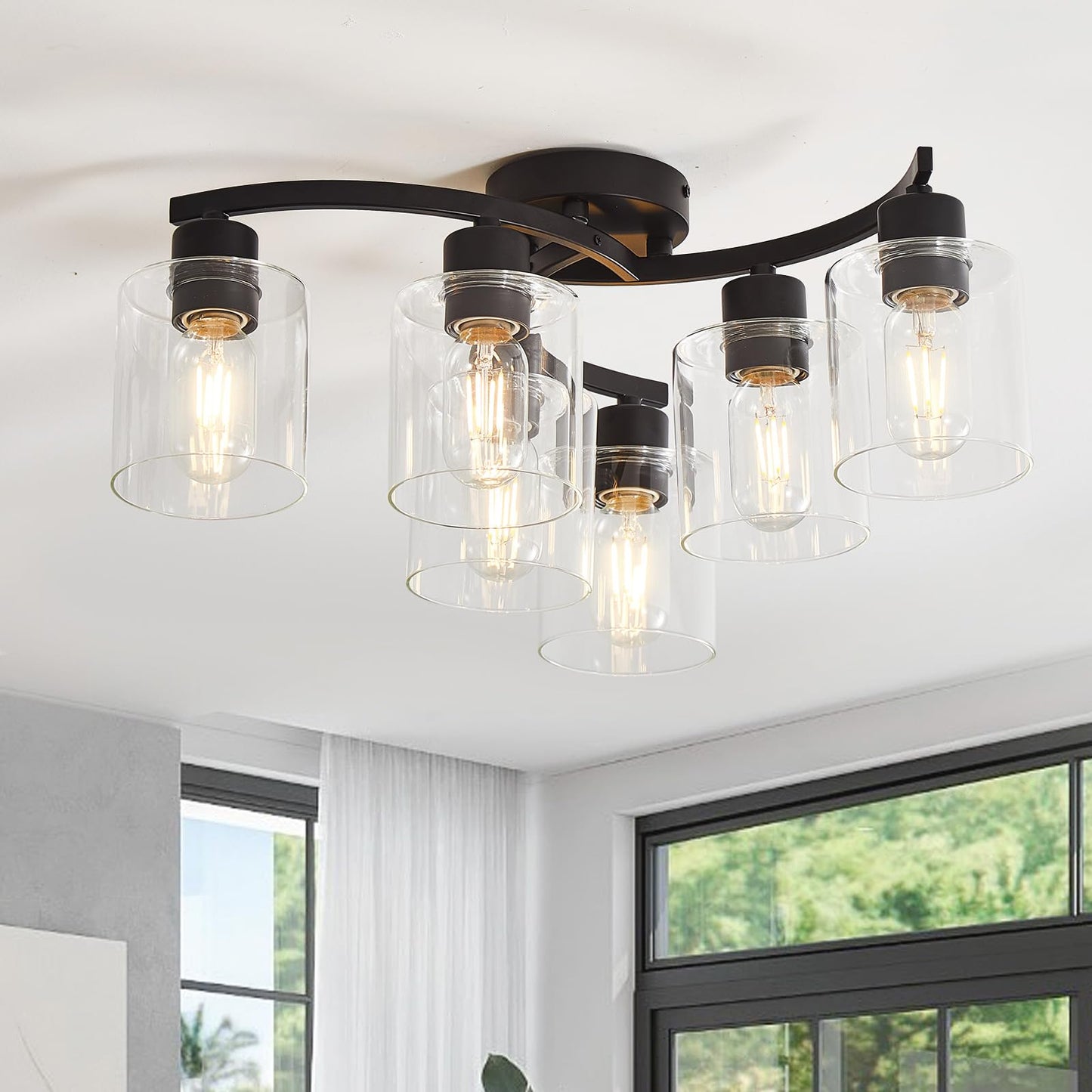 Eatich 6-Light Ceiling Light, Semi Flush Mount Ceiling Light Fixture, Kitchen Lighting Fixtures Ceiling, Farmhouse Black with Clear Glass Shade for for Dining Room Bedroom Living Room