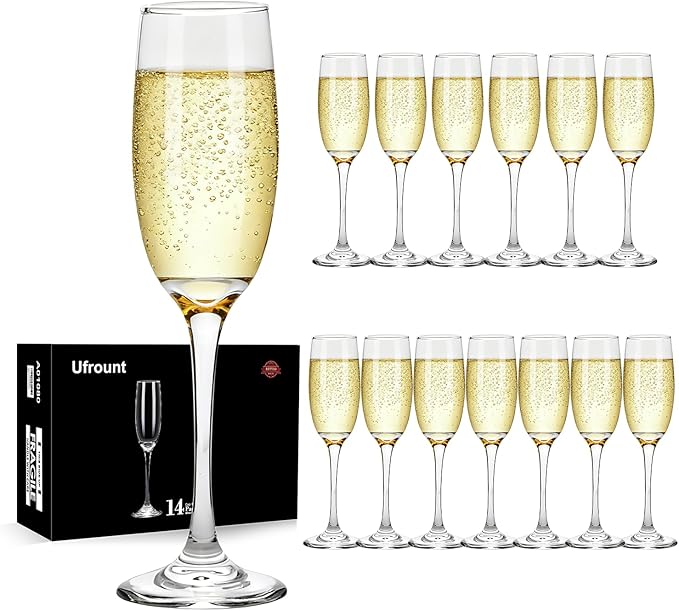 Ufrount 6oz Champagne Flute,Clear Champagne Glasses Set of 14,Elegant Stemmed Champagne Glasses Sparkling Wine Glasses for...
