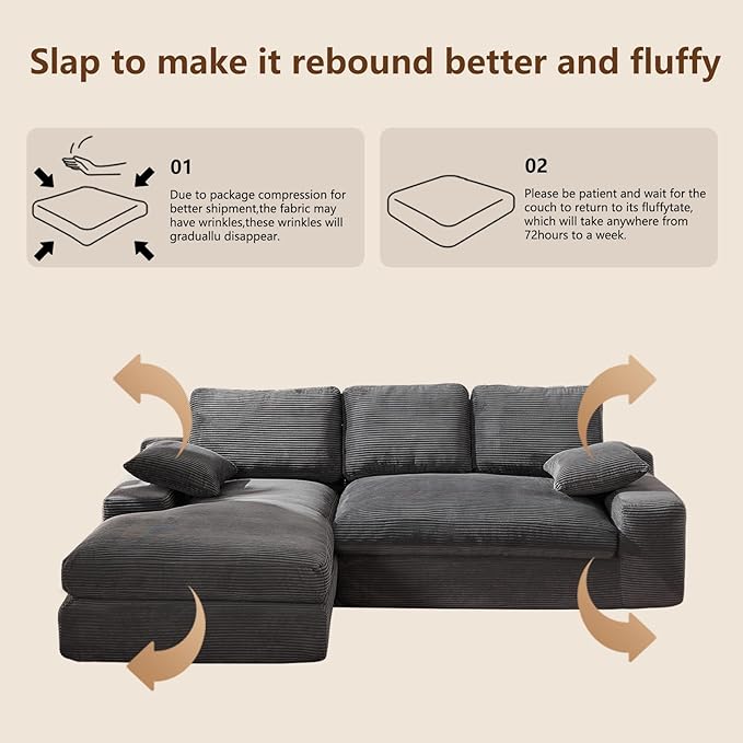 98.4" Cloud Modular Sectional Couch with Chaise,L-Shaped Modern Upholstered Sofa with Deep Seat,Corduroy Sectional Couches for Living Room and Bedroom,No Assembly Required(Grey)