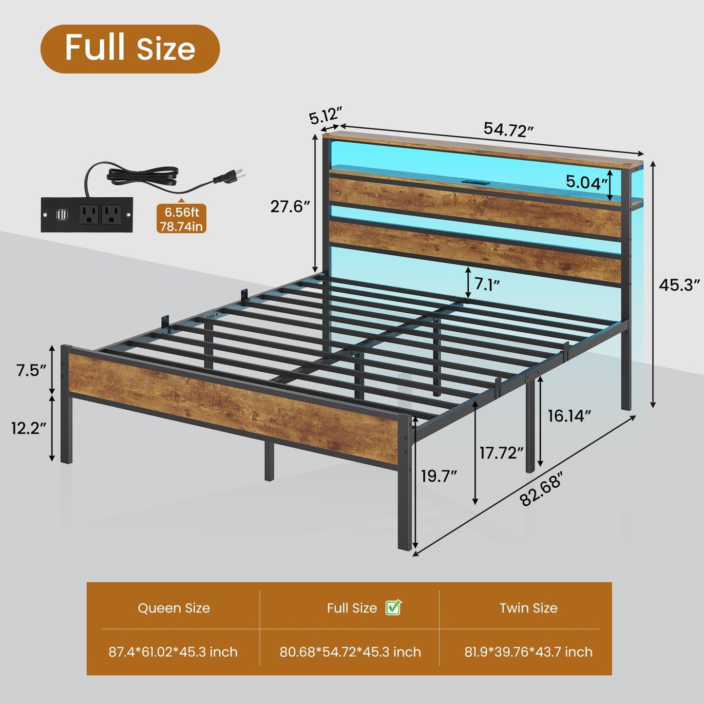 DICTAC 18 Inch Full Bed Frames with Charging Station and LED Light, Wood Headboard with 2-Tier Storage Shelves, Full Size Platform Bed Frame with Metal Slats, No Box Spring Need, Easy Assembly