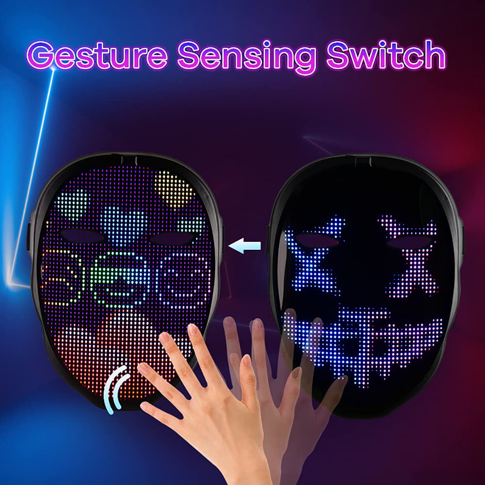 HIOUME Halloween LED Lighted Face Transforming Mask, Shining Mask for Fun Parties Birthday Christmas Festival Cosplay Costume, APP or Gesture Control, USB Rechargeable