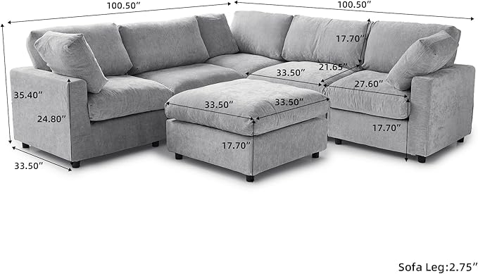 WJShome Cloud Couch Modular Sectional Sofa,100.5" V Shaped Couch, Convertible Wide Seater with Ottoman, 6 Seater for Living Room Set,Covers Washable&Replaceable,Gray