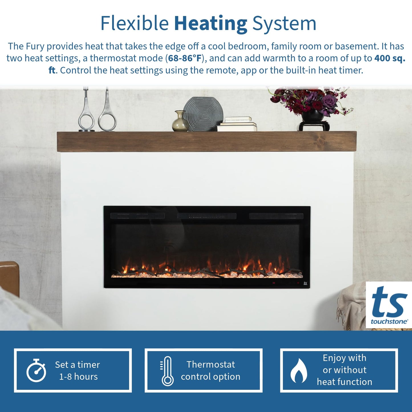 Touchstone Smart Electric Fireplace-The Fury 46" Wide- 4.5" Thin in Wall Recessed-100 Realistic Flame/Ember Bed Color Combos-1,500W Heater-Larger Viewing Area-Alexa/WiFi Enabled
