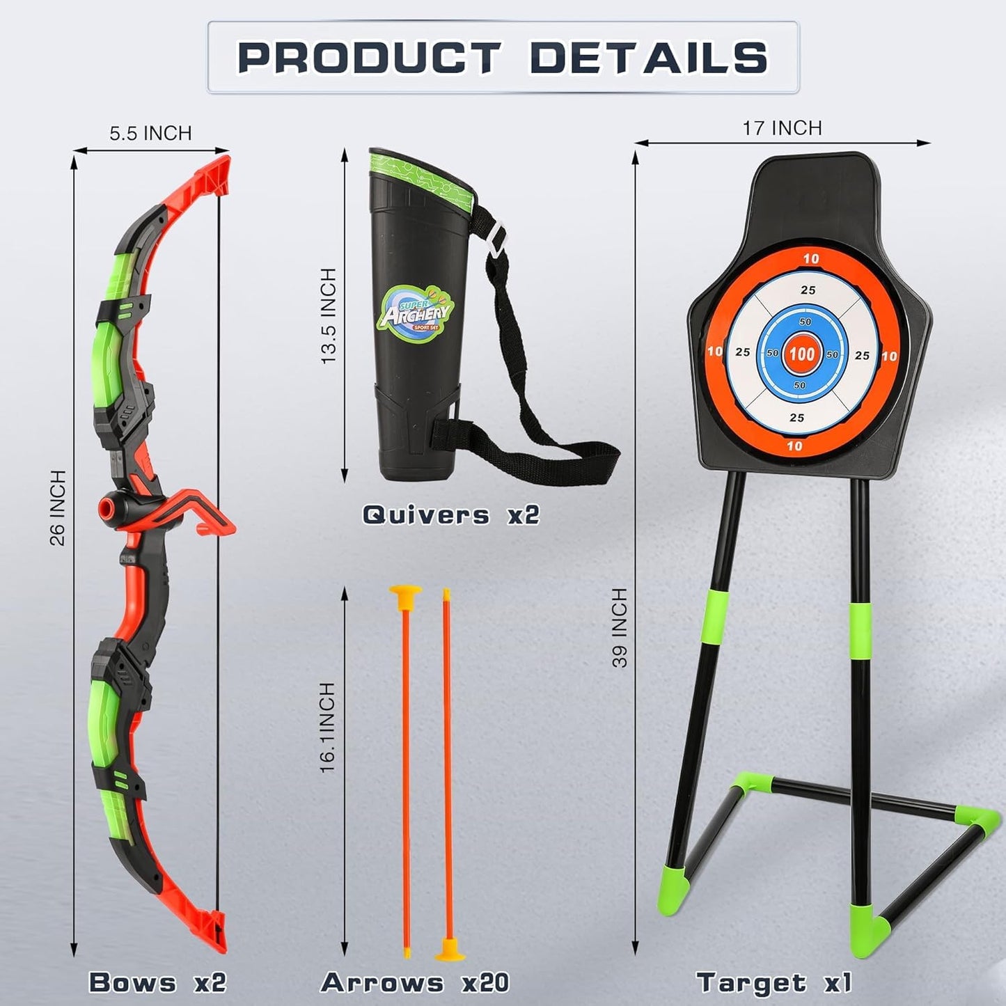 Bow and Arrow Set for Kids, 2-Pack LED Light Up Archery Set with 20 Suction Cup Arrows, Indoor and Outdoor Toy for Boys Girls Age 4-8 8-12 with Standing Target&2 Quivers, Birthday Gift 3-12 Years Old