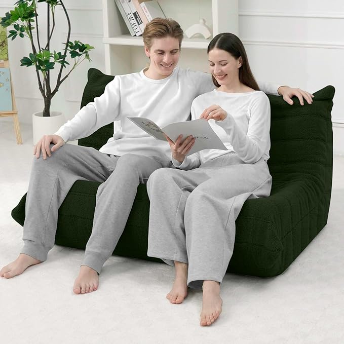 HABUTWAY Bean Bag Chairs Fireside Lazy Floor Sofa, Soft Teddy Fleece 2 Seater Sofa with High-Resilience Foam Filling，Beanbag for Living Room, Bedroom, Office (Green Teddy)