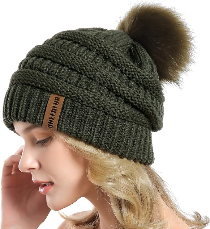 QUEENFUR Women Knit Slouchy Beanie Chunky Baggy Hat with Faux Fur Pompom Winter Soft Warm Ski Cap