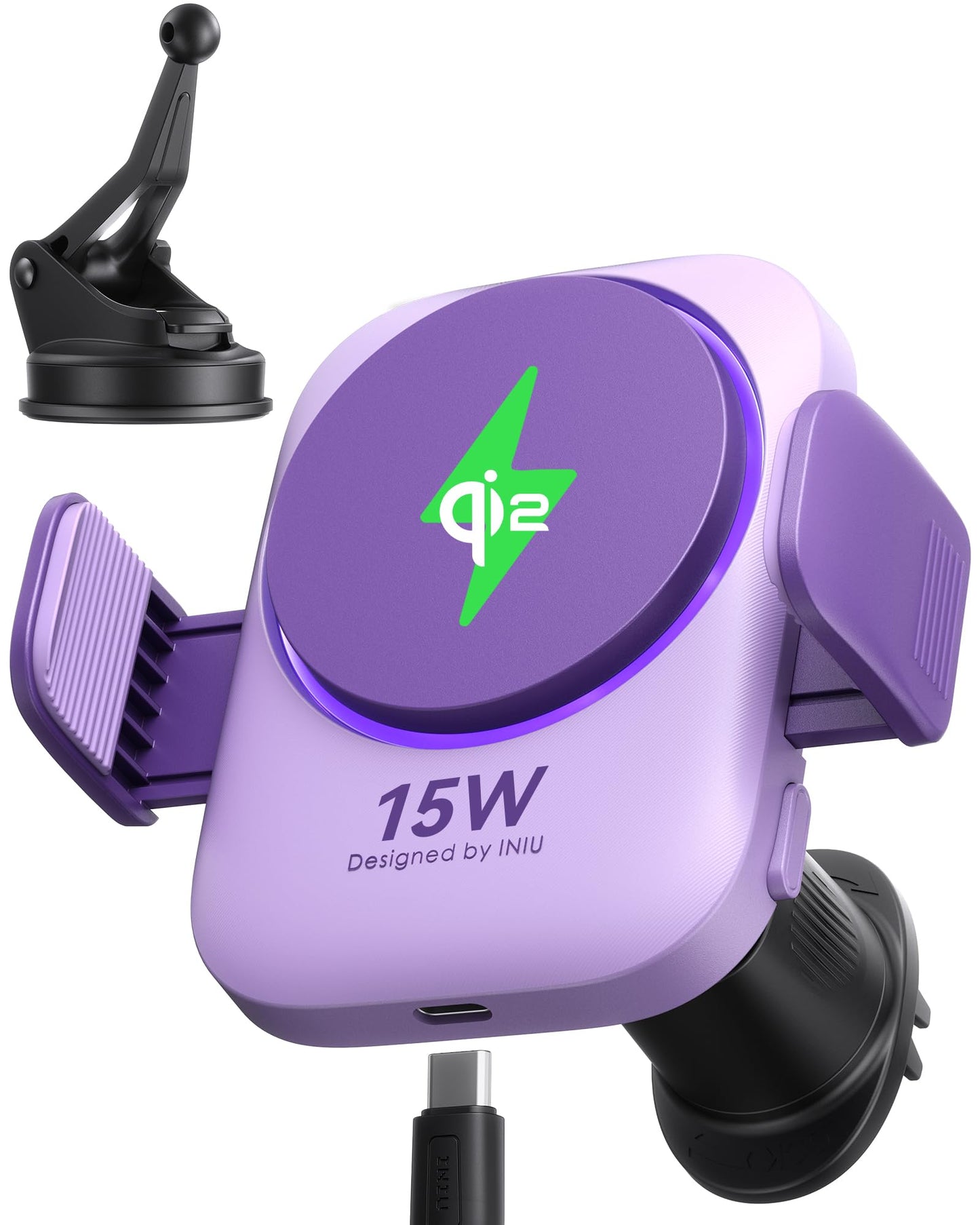 Iniu Qi2 Certified 15W Car Phone Holder Wireless Charger, Ultra-Stable 22N For Magsafe Car Mount Charger With Cooling Fins & Rgb