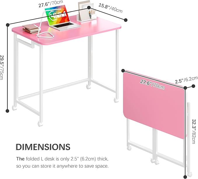 4NM 27.5" Mobile Small Rolling Computer Desk, Folding Laptop Cart Table with Wheels, Portable Office Desk for Small Space Couch Bed - Pink and White