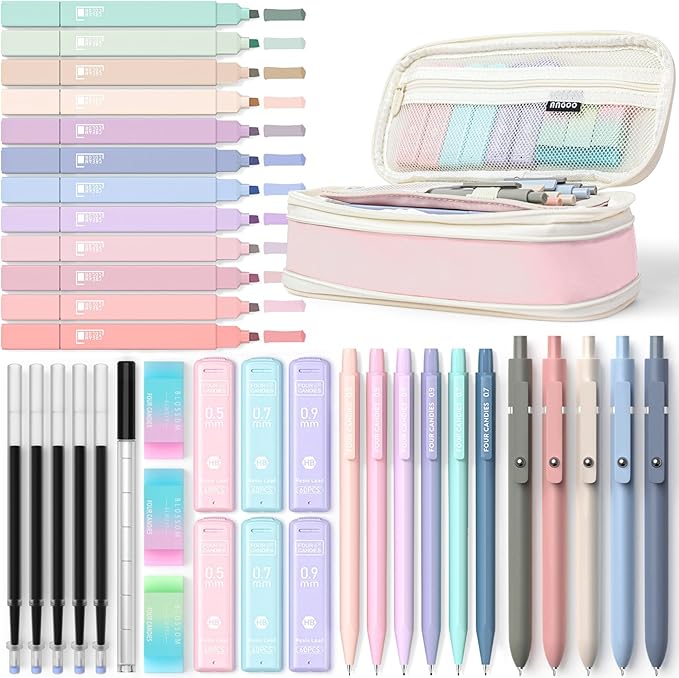 Four Candies 39 PCS Aesthetic School Supplies with Cute Pen Case, 12 Pastel Highlighters, 5 Black Ink Gel Pens, 6 Mechanic...