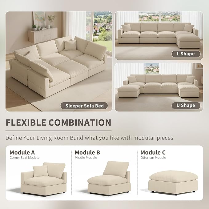 Cloud Couch Modular Sectional Sofa, 67" L Shaped Sectional Couches for Living Room, Down Filled Wide & Deep Seat Cloud Sofa with Ottoman, Removable Washable Cushion Cover & Backrest Pillow Cover