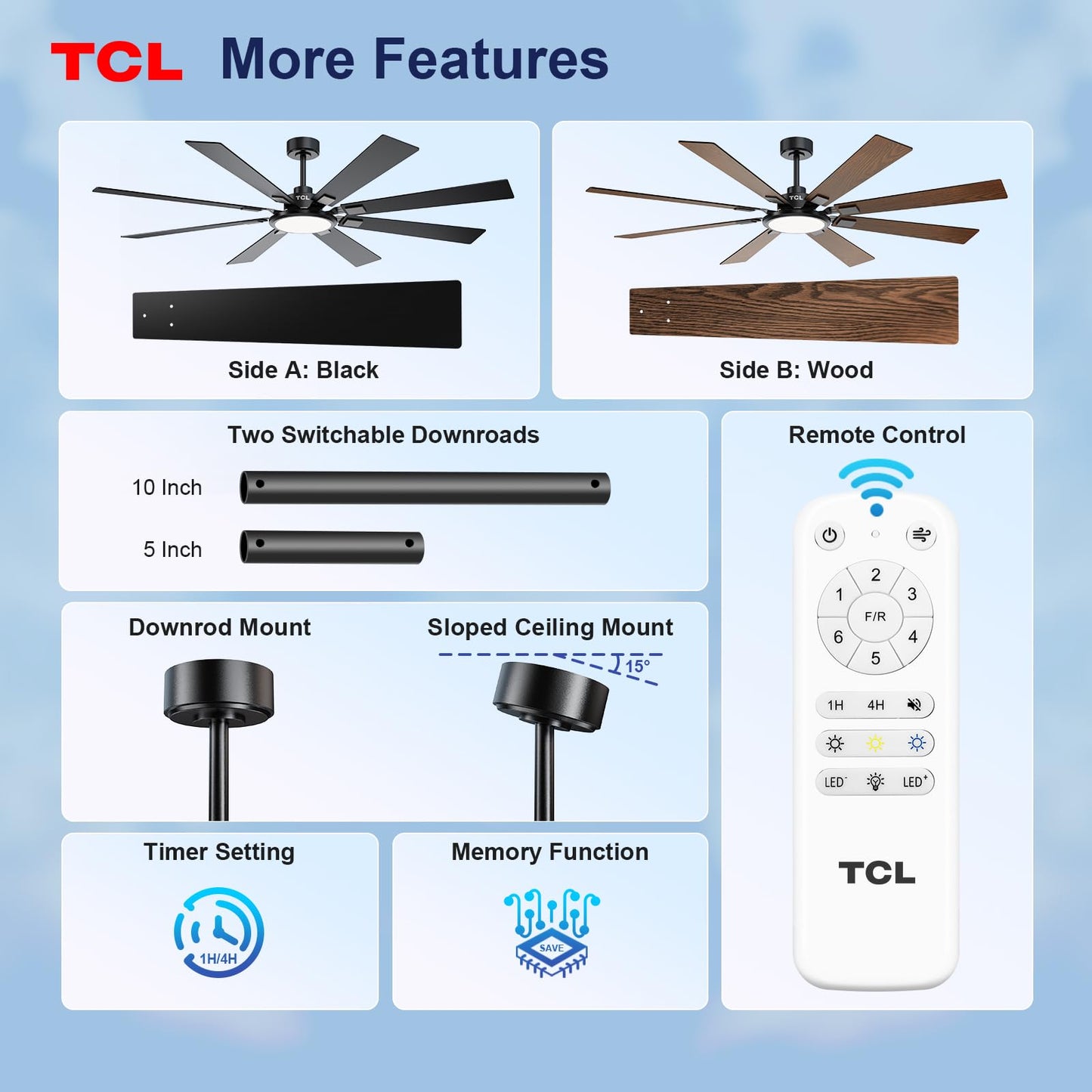 TCL Ceiling Fans with Lights and Remote: 8 Blades, Quiet Reversible DC Motor, Dimmable Super Bright LED, Noiseless Large Modern Fan for Room, Outdoor, Commercial and Industrial Use (Black, 62 Inch)