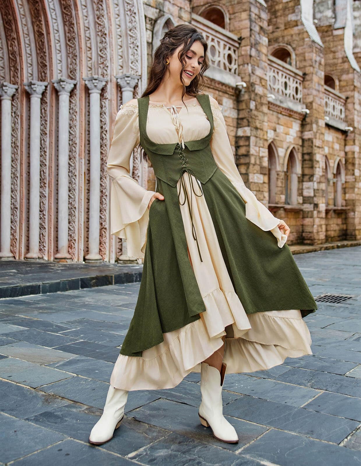 Scarlet Darkness Women Renaissance Costume Pirate Overdress Medieval Underbust Dress Army Green XXL