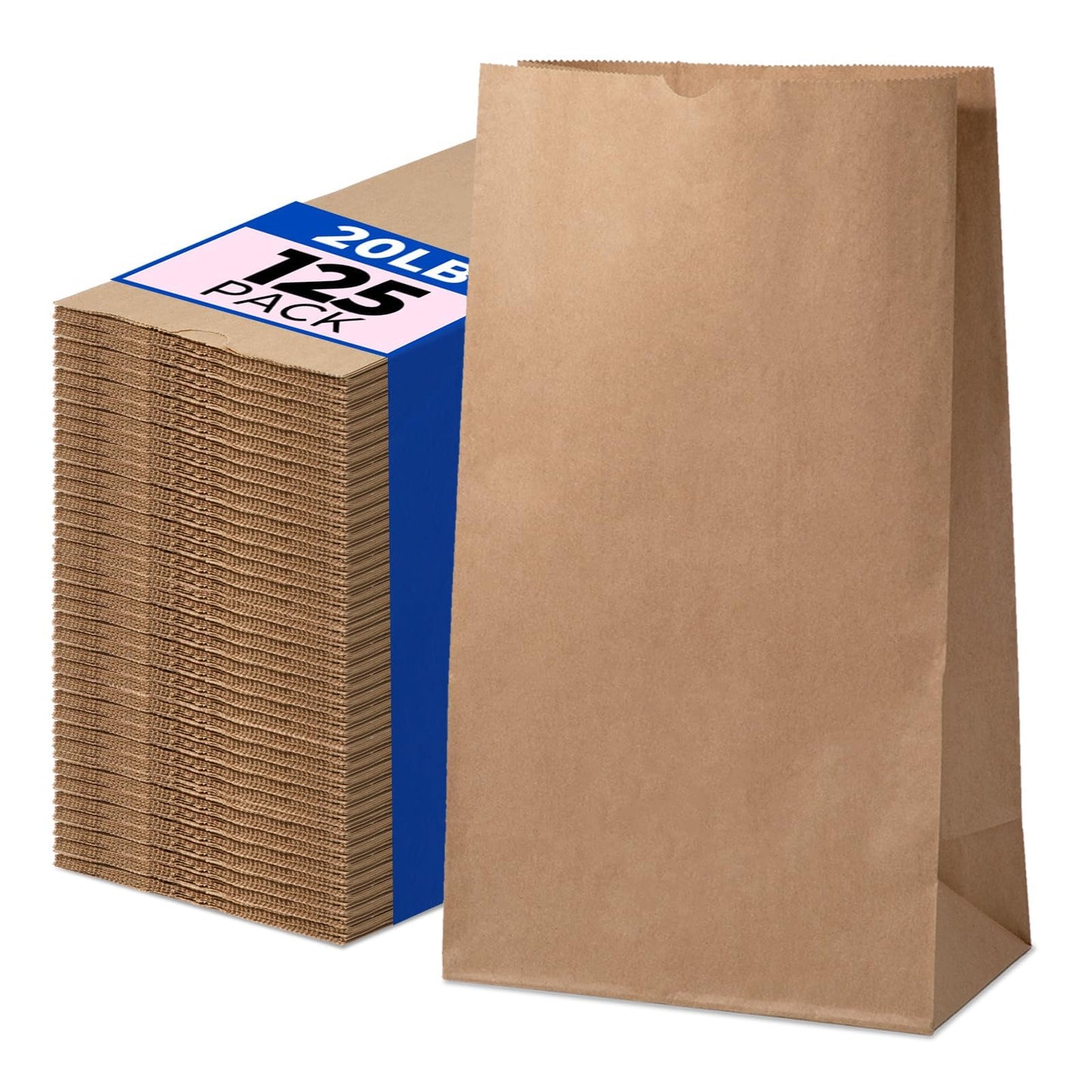 Fit Meal Prep 125 Pack 20 lb Large Brown Paper Bags, 16 x 8 x 5.5” Durable Kraft Paper Bags Bulk for Packing, Delivery, Take Out, Grocery, Retail Shopping, Premium Big Size Sacks for Shopping