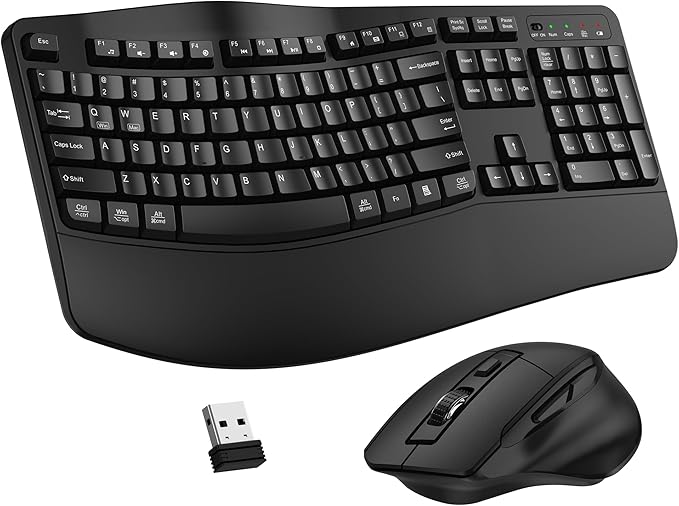 Wireless Keyboard and Mouse Combo, 2.4G Full Size Wave Keys Ergonomic Keyboard with Wrist Rest and 3-Level DPI Adjustable ...